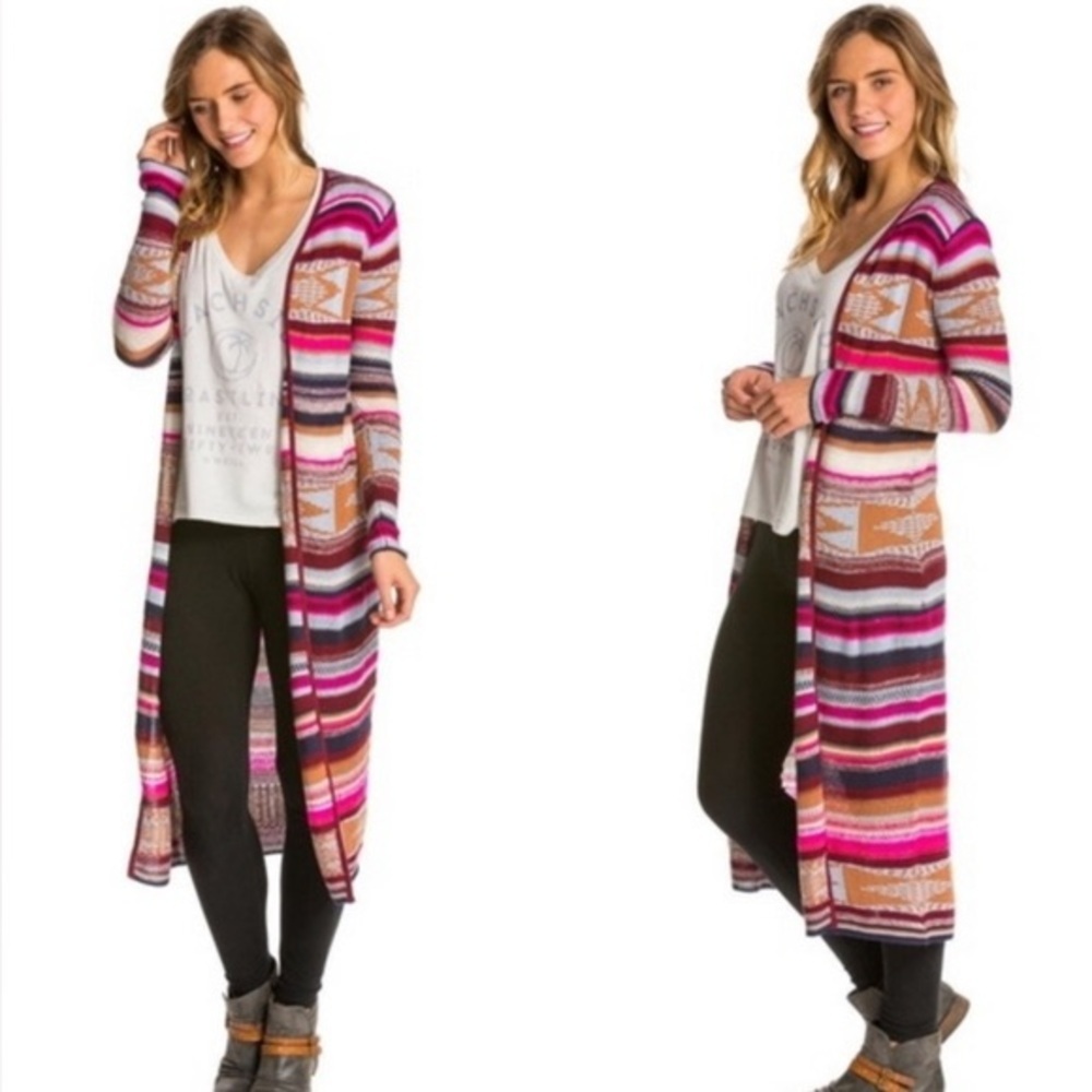 Billabong Long Striped Open-Front Fade to Dust Cardigan in Pink, Tan & Black - Picture 4 of 8